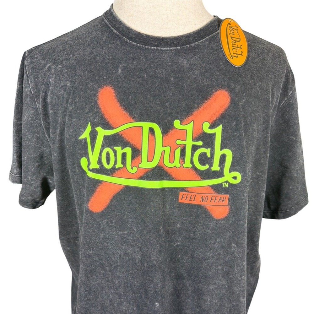 Von Dutch Men Charcoal Mineral Wash Skull Graphic T-Shirt Neon Green Orange L